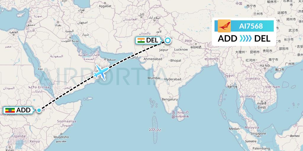 AI7568 Air India Flight Map: Addis Ababa to Delhi