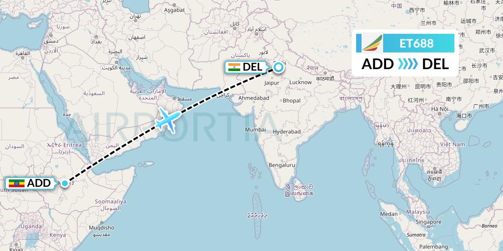 ET688 Ethiopian Airlines Flight Map: Addis Ababa to Delhi