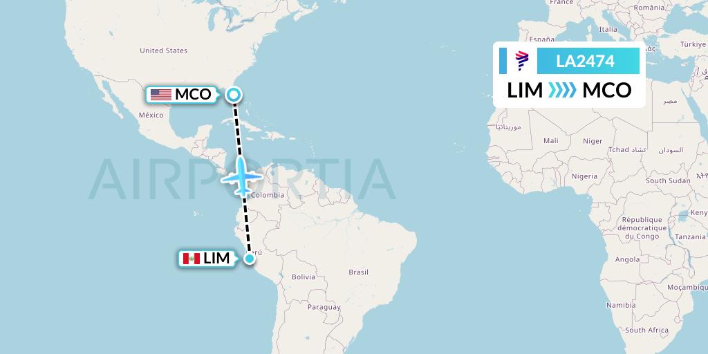 LA2474 LAN Airlines Flight Map: Lima to Orlando