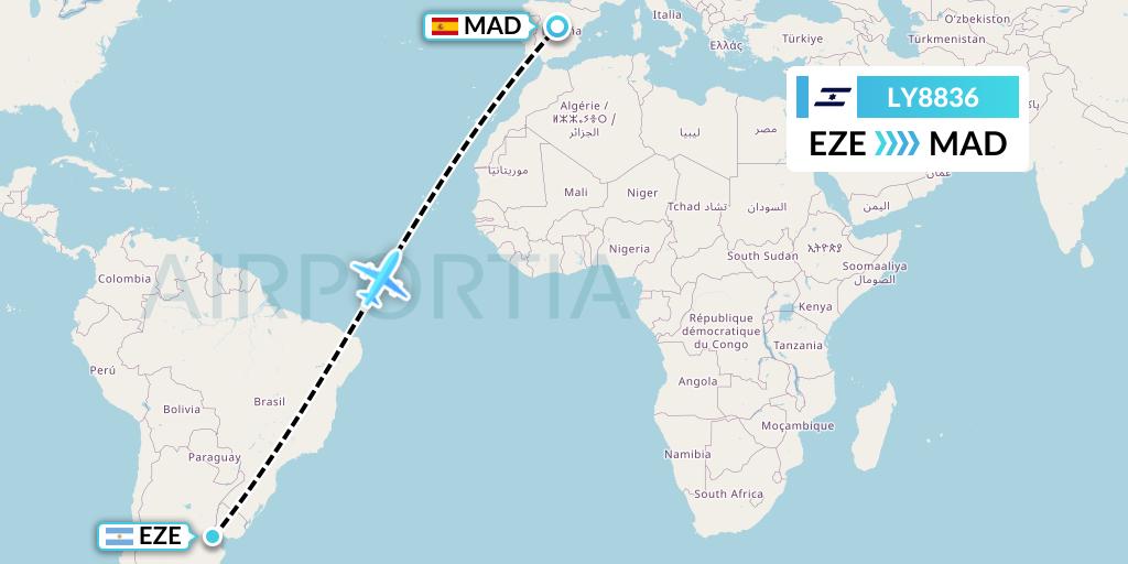 LY8836 El Al Flight Map: Buenos Aires to Madrid