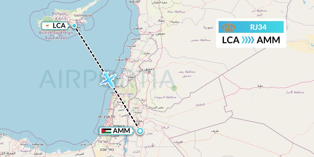 RJ34 Royal Jordanian Flight Map: Larnaca to Amman