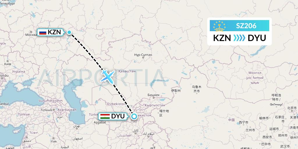SZ206 Somon Air Flight Map: Kazan to Dushanbe