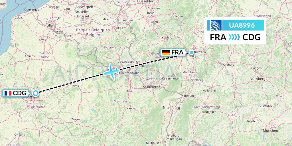 UA8996 United Airlines Flight Map: Frankfurt to Paris