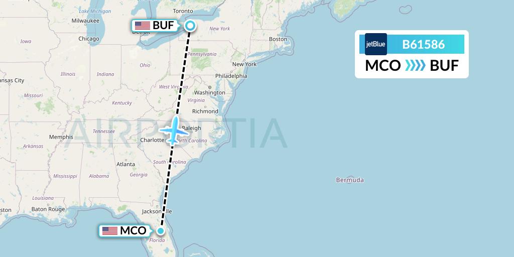 B61586 JetBlue Airways Flight Map: Orlando to Buffalo