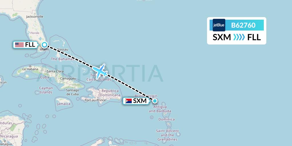 B62760 JetBlue Airways Flight Map: Sint Maarten to Fort Lauderdale