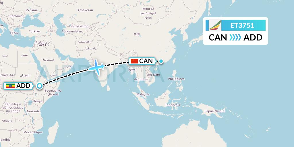 ET3751 Ethiopian Airlines Flight Map: Guangzhou to Addis Ababa