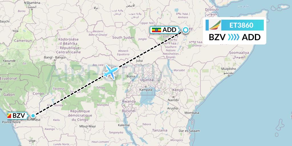 ET3860 Ethiopian Airlines Flight Map: Brazzaville to Addis Ababa