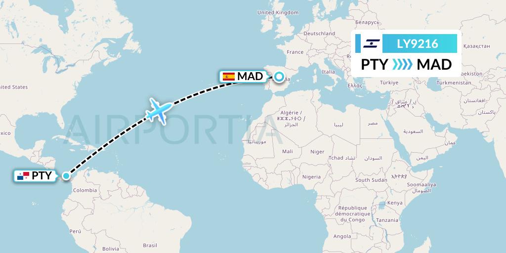 LY9216 El Al Flight Map: Panama City to Madrid