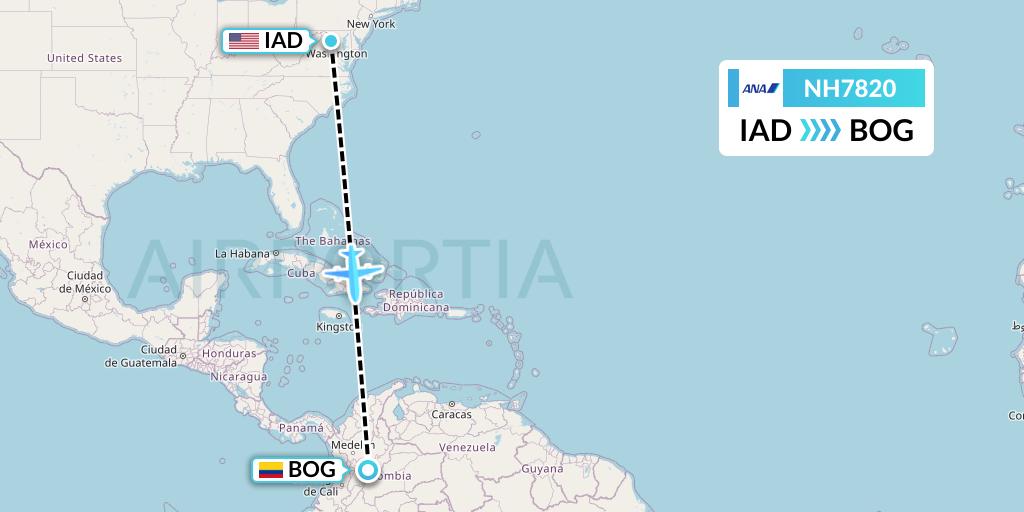 NH7820 All Nippon Airways Flight Map: Washington to Bogota