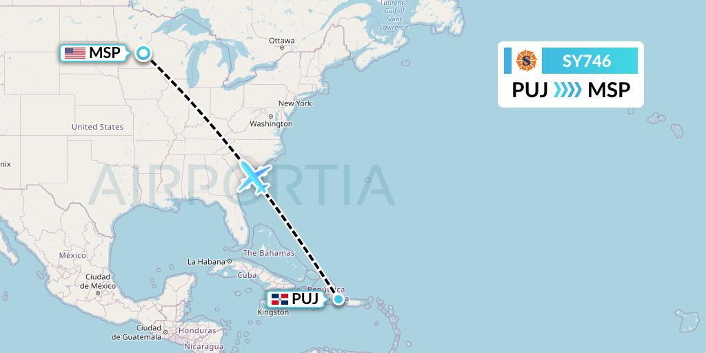 SY746 Sun Country Airlines Flight Map: Punta Cana to Minneapolis