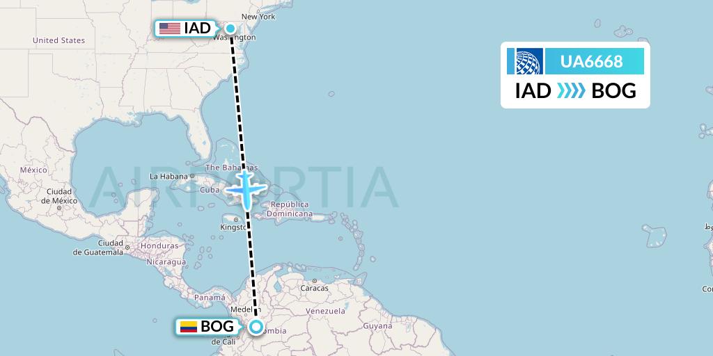 UA6668 United Airlines Flight Map: Washington to Bogota
