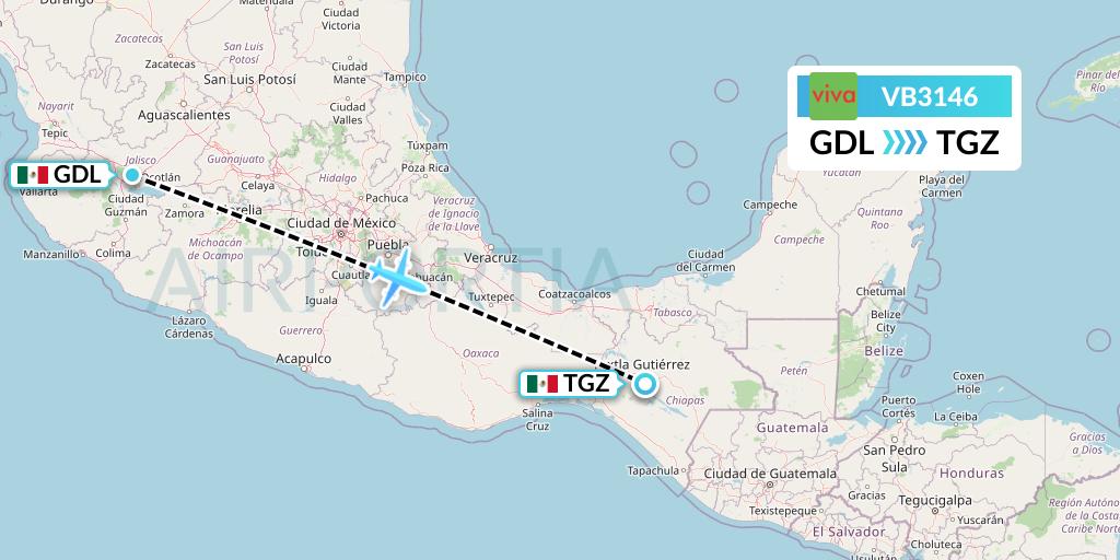 VB3146 VivaAerobus Flight Map: Guadalajara to Tuxtla Gutierrez