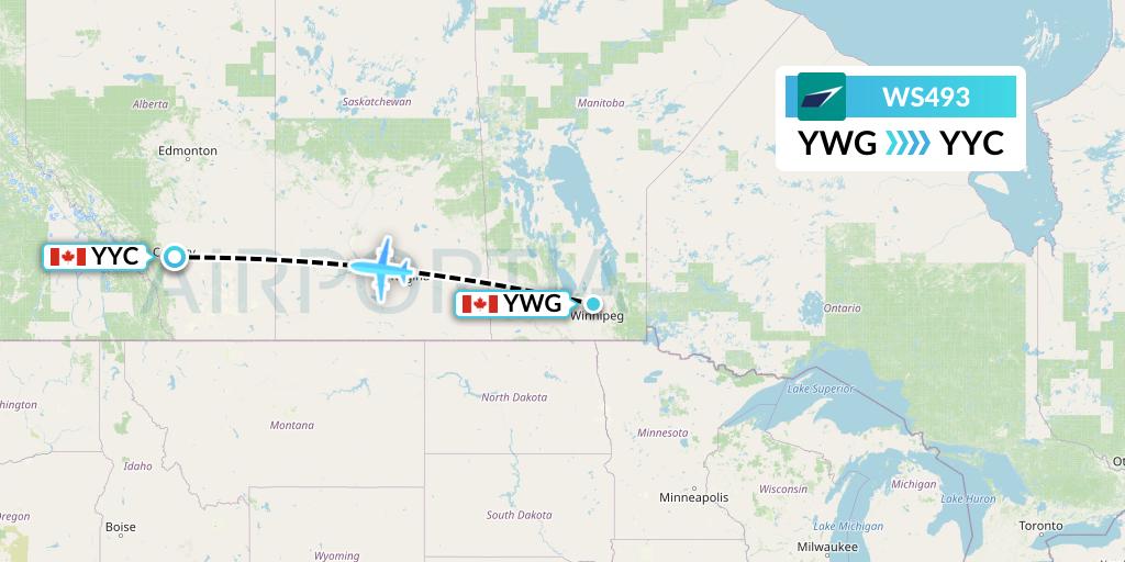 WS493 WestJet Flight Map: Winnipeg to Calgary
