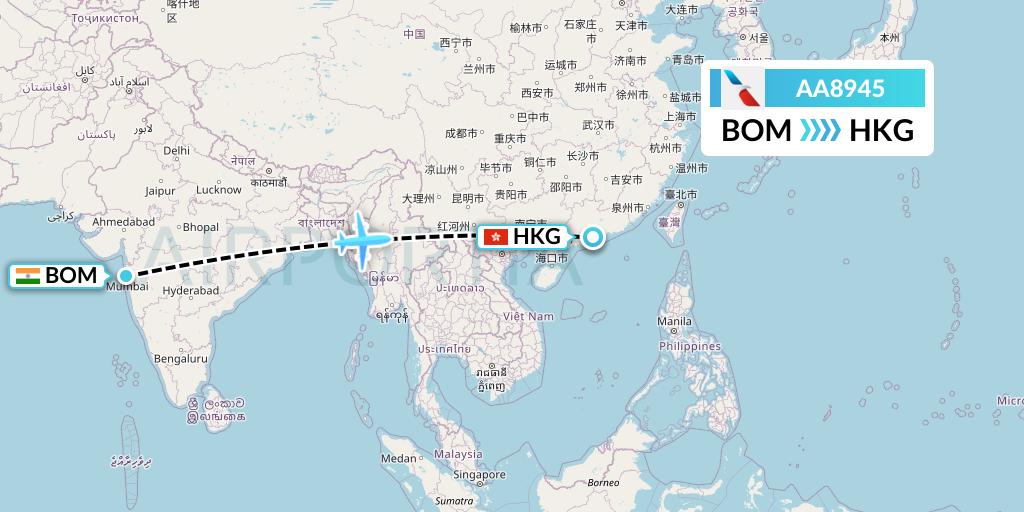 AA8945 American Airlines Flight Map: Mumbai to Hong Kong