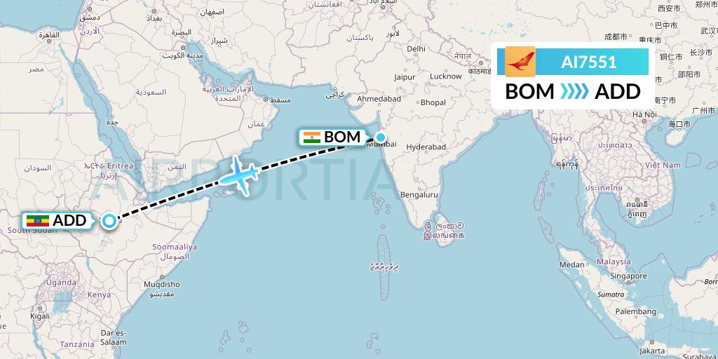 AI7551 Air India Flight Map: Mumbai to Addis Ababa