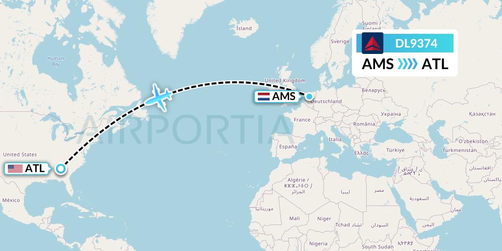 DL9374 Delta Air Lines Flight Map: Amsterdam to Atlanta