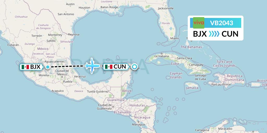 VB2043 VivaAerobus Flight Map: Silao to Cancun