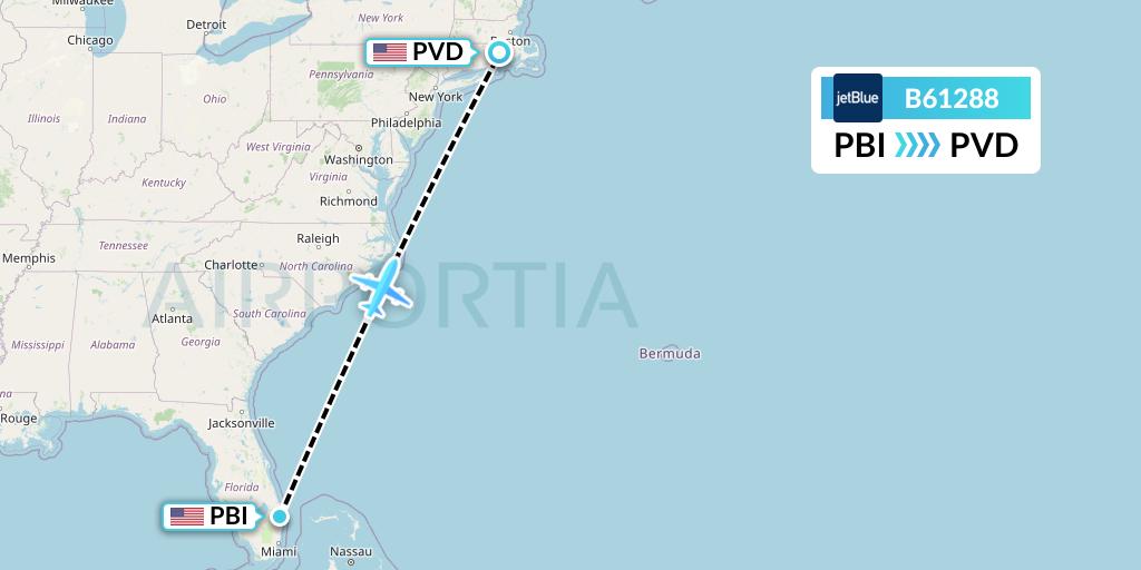 B61288 JetBlue Airways Flight Map: West Palm Beach to Providence