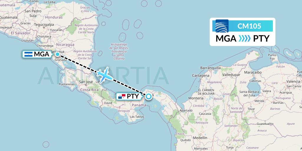 CM105 Copa Airlines Flight Map: Managua to Panama City