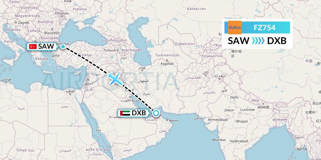 FZ754 FlyDubai Flight Map: Istanbul to Dubai