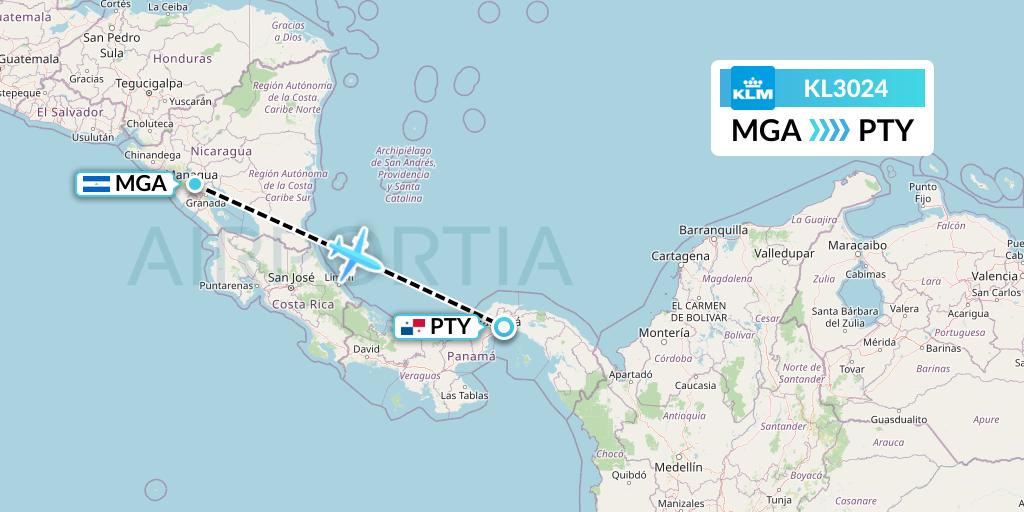 KL3024 KLM Flight Map: Managua to Panama City