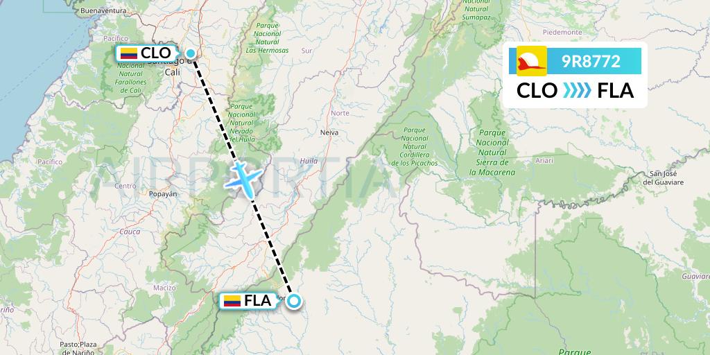9R8772 Satena Flight Map: Cali to Florencia