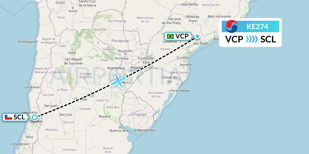 KE274 Korean Air Flight Map: Campinas to Santiago