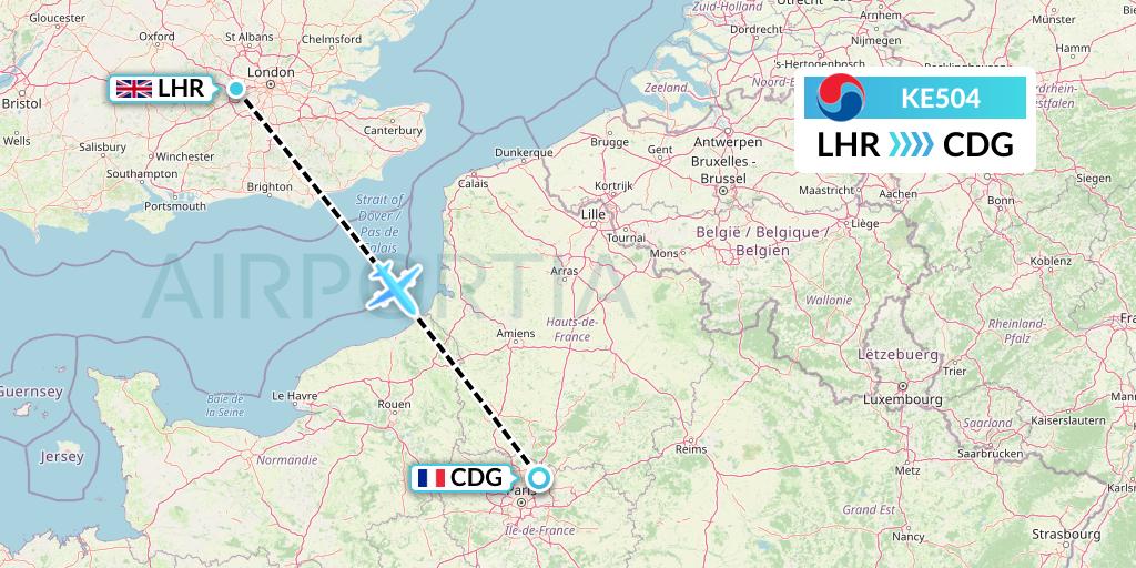 KE504 Korean Air Flight Map: London to Paris