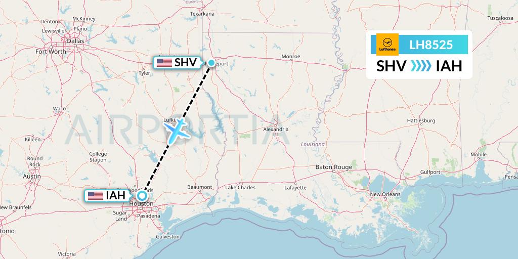 LH8525 Lufthansa Flight Map: Shreveport to Houston