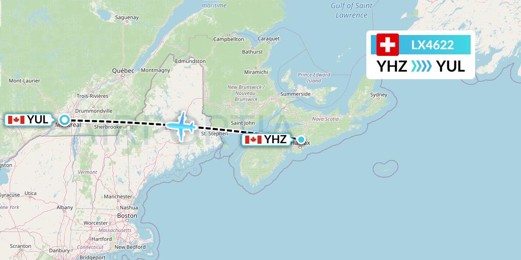 LX4622 Swiss Flight Map: Halifax to Montreal