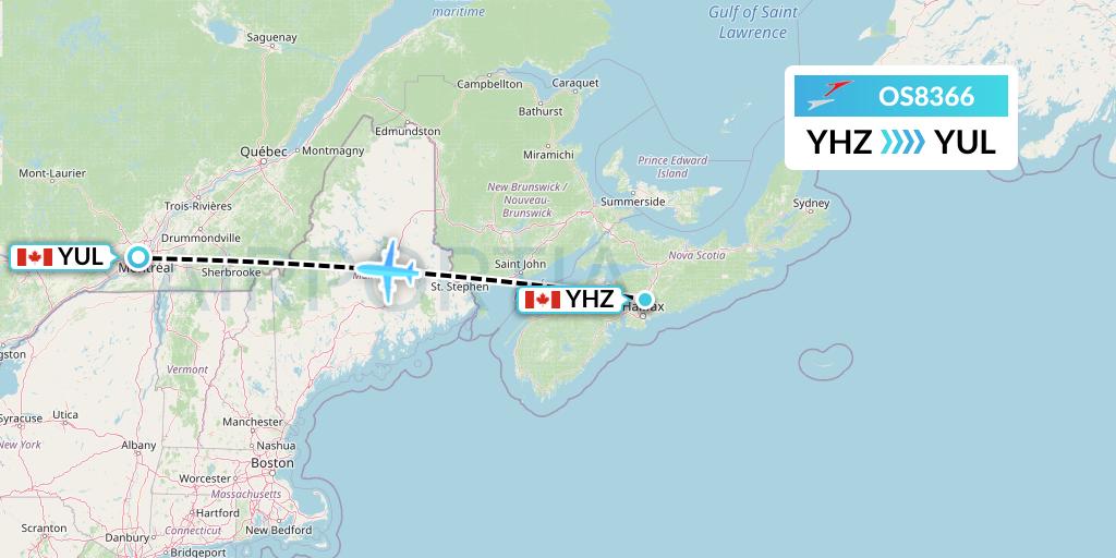 OS8366 Austrian Airlines Flight Map: Halifax to Montreal