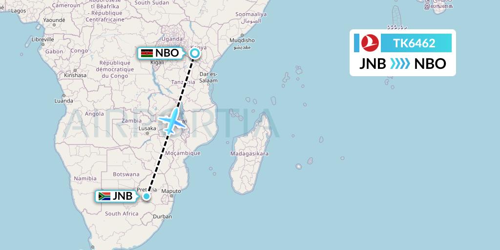 TK6462 Turkish Airlines Flight Map: Johannesburg to Nairobi