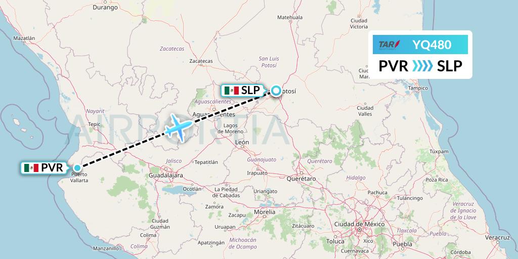 YQ480 TAR Aerolineas Flight Map: Puerto Vallarta to San Luis Potosi