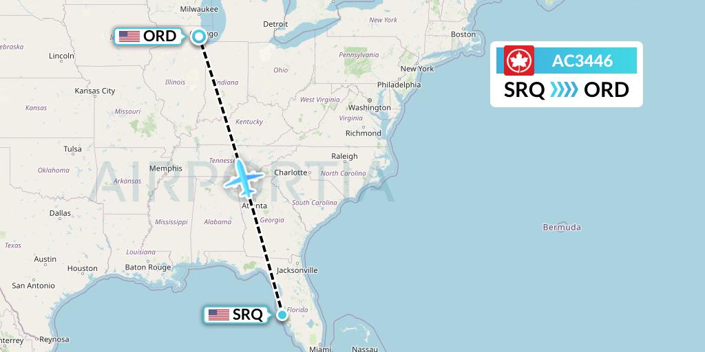 AC3446 Air Canada Flight Map: Sarasota to Chicago