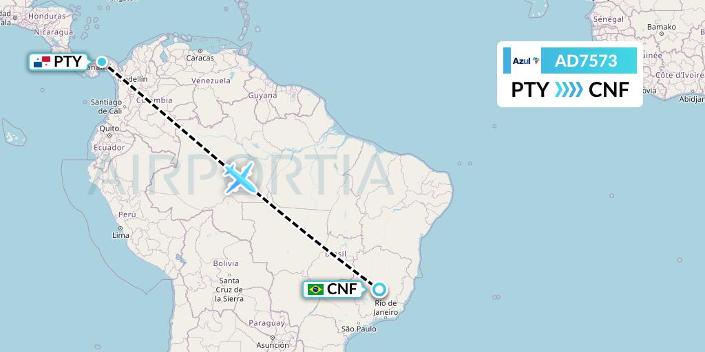 AD7573 Azul Brazilian Airlines Flight Map: Panama City to Belo Horizonte