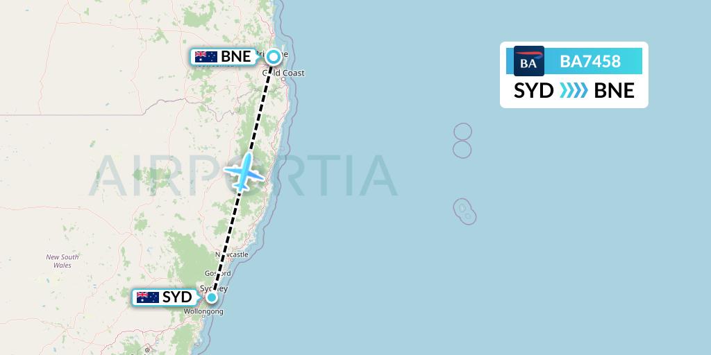 BA7458 British Airways Flight Map: Sydney to Brisbane