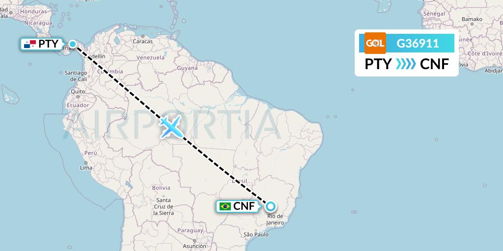 G36911 GOL Transportes Aeros Flight Map: Panama City to Belo Horizonte