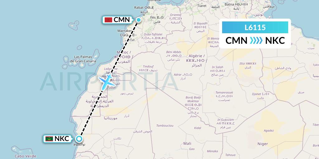 L6115 Mauritania Airlines International Flight Map: Casablanca to Nouakchott