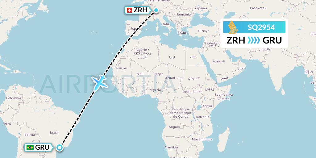SQ2954 Singapore Airlines Flight Map: Zurich to Sao Paulo