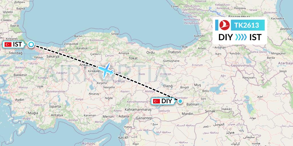 TK2613 Turkish Airlines Flight Map: Diyarbakir to Istanbul