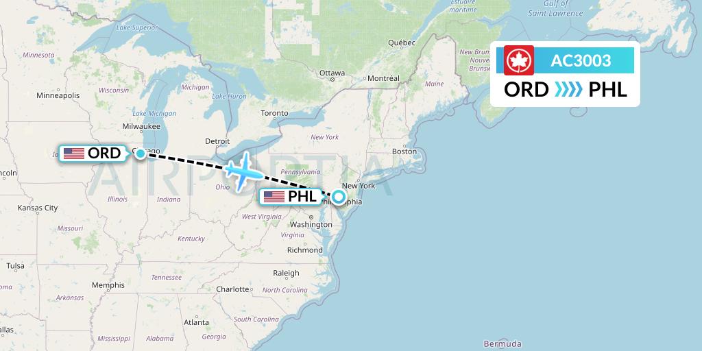 AC3003 Air Canada Flight Map: Chicago to Philadelphia
