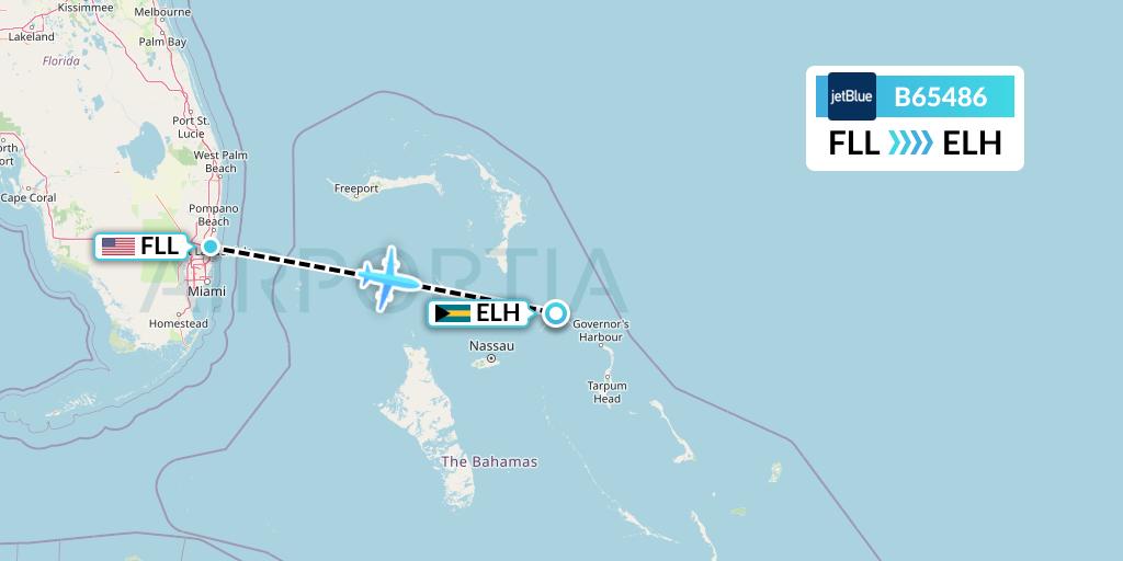 B65486 JetBlue Airways Flight Map: Fort Lauderdale to North Eleuthera