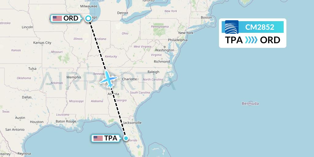 CM2852 Copa Airlines Flight Map: Tampa to Chicago
