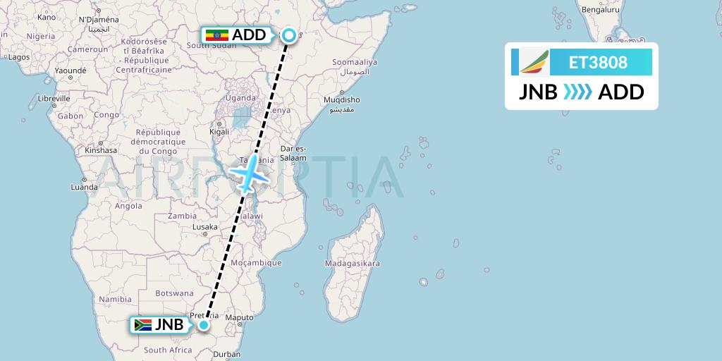 ET3808 Ethiopian Airlines Flight Map: Johannesburg to Addis Ababa