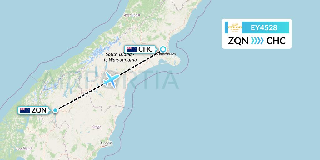 EY4528 Etihad Airways Flight Map: Queenstown to Christchurch