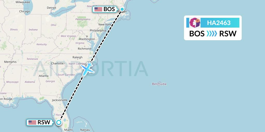 HA2463 Hawaiian Airlines Flight Map: Boston to Fort Myers