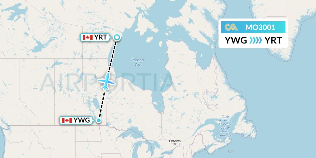 MO3001 Calm Air Flight Map: Winnipeg to Rankin Inlet