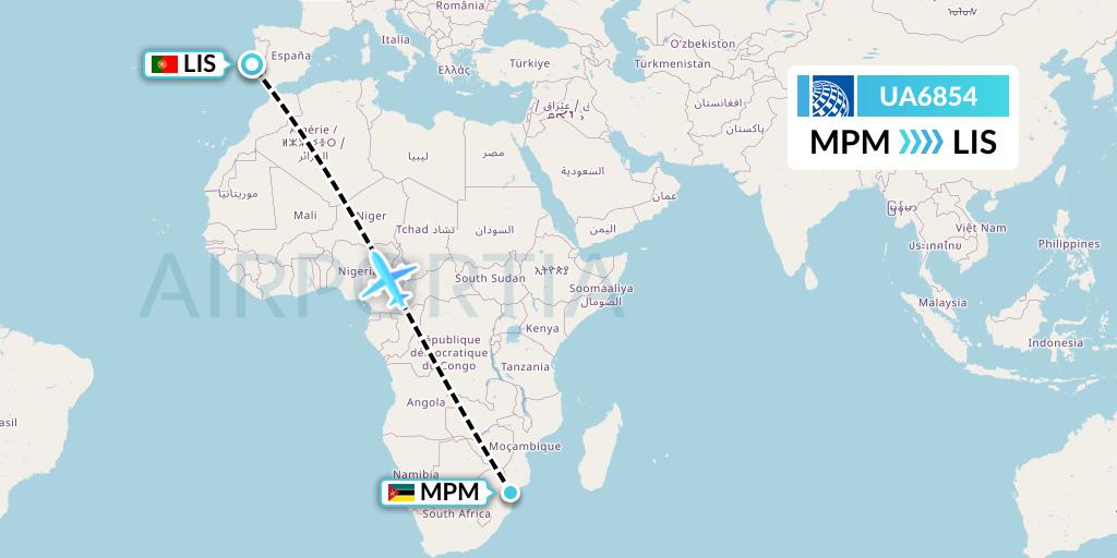 UA6854 United Airlines Flight Map: Maputo to Lisbon