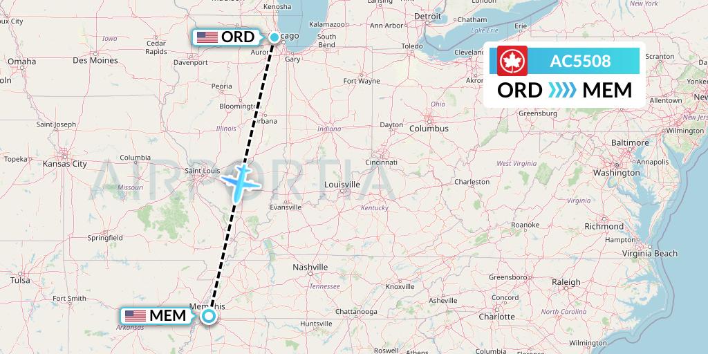 AC5508 Air Canada Flight Map: Chicago to Memphis