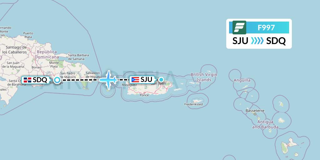 F997 Frontier Airlines Flight Map: San Juan to Santo Domingo